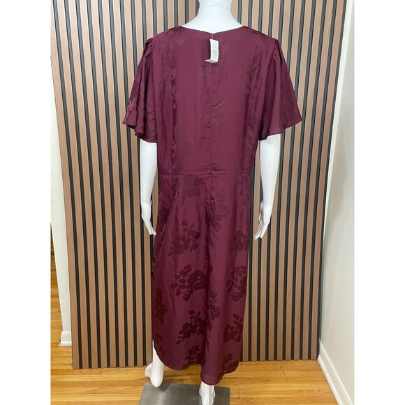 Ann Taylor Women's Dress Fit & Flare Jacquard Flutter Sleeve 18 Maroon Floral - Picture 2 of 11